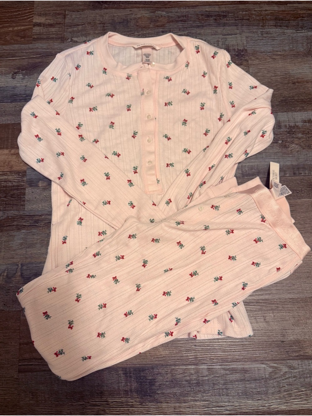 Victoria's Secret Christmas Light Pink Floral Ribbed Henley Pajama Set NWT